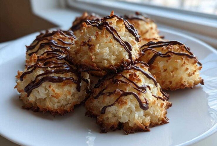 A close-up of several golden-brown Coconut Macaroons with Dark Chocolate Drizzle stacked on a white plate.