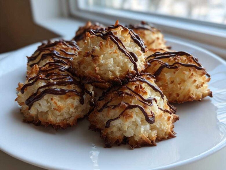 A close-up of several golden-brown Coconut Macaroons with Dark Chocolate Drizzle stacked on a white plate.