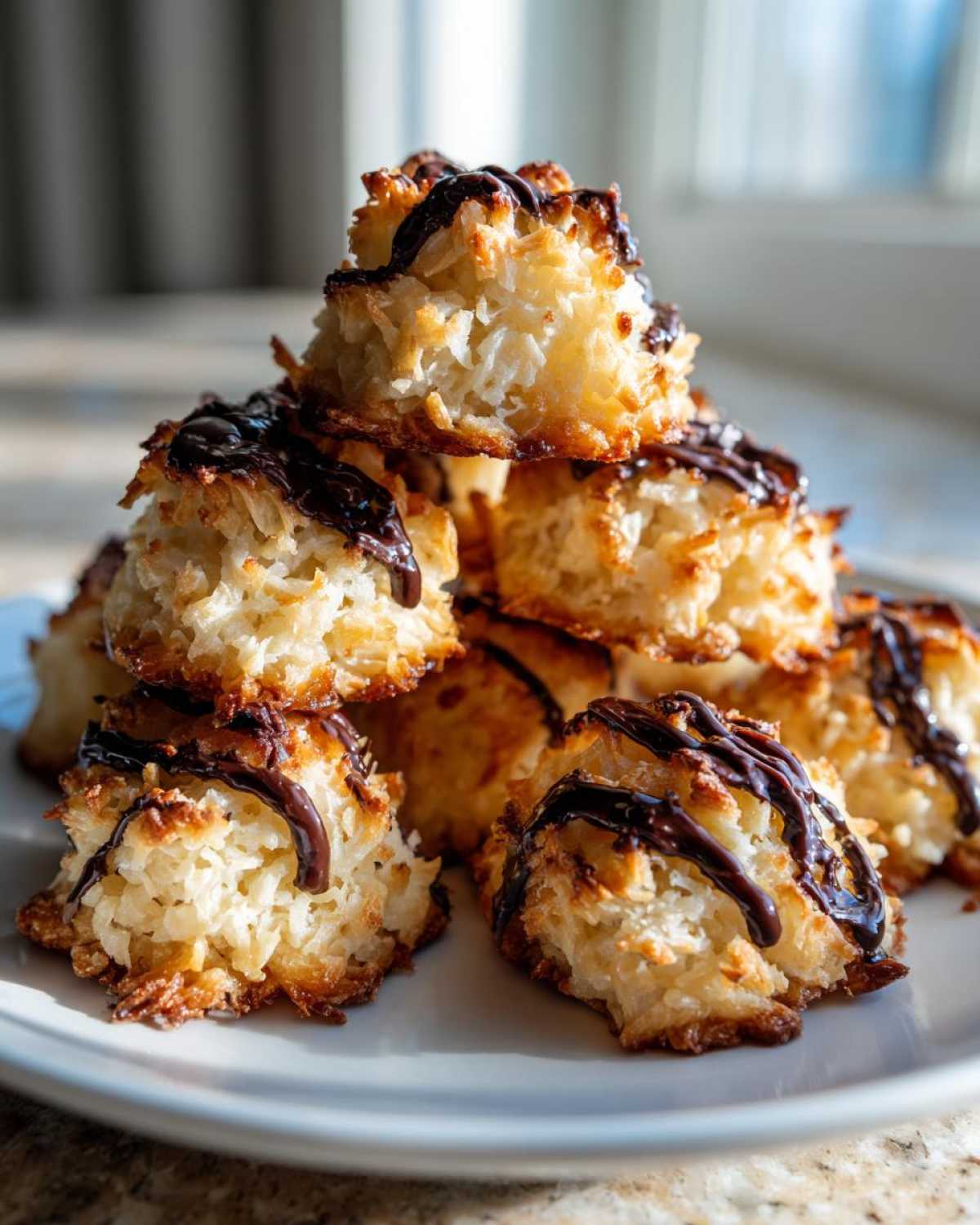 A stack of golden-brown Coconut Macaroons with Dark Chocolate Drizzle piled on a white plate.