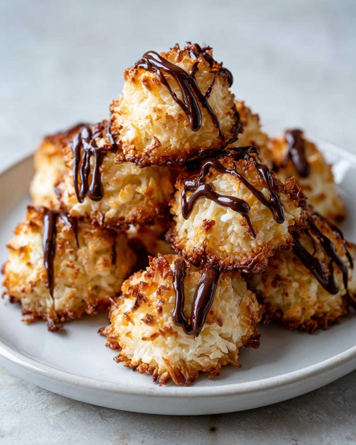 A stack of golden brown Coconut Macaroons with Dark Chocolate Drizzle on a light gray plate.