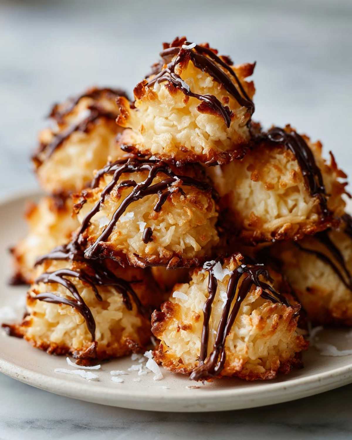 A stack of golden-brown Coconut Macaroons with Dark Chocolate Drizzle on a light plate.