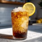 A tall glass filled with bubbly Cold Brew Lemonade, crushed ice, and a lemon slice garnish.