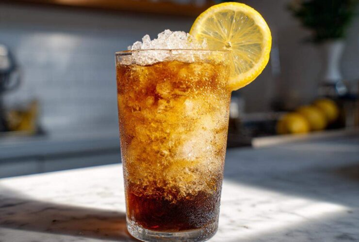 A tall glass filled with bubbly Cold Brew Lemonade, crushed ice, and a lemon slice garnish.