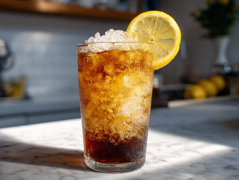 A tall glass filled with bubbly Cold Brew Lemonade, crushed ice, and a lemon slice garnish.