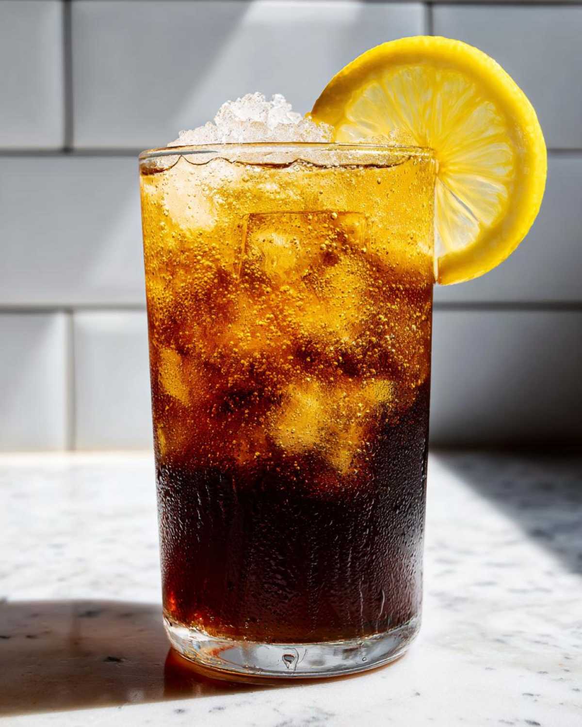 A tall glass filled with bubbling Cold Brew Lemonade, crushed ice, and a fresh lemon slice garnish.