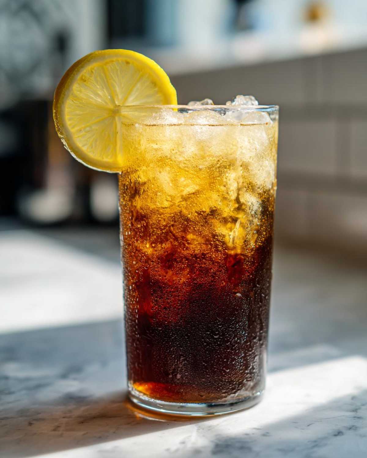 Tall glass filled with ice and layered Cold Brew Lemonade, garnished with a fresh lemon slice.
