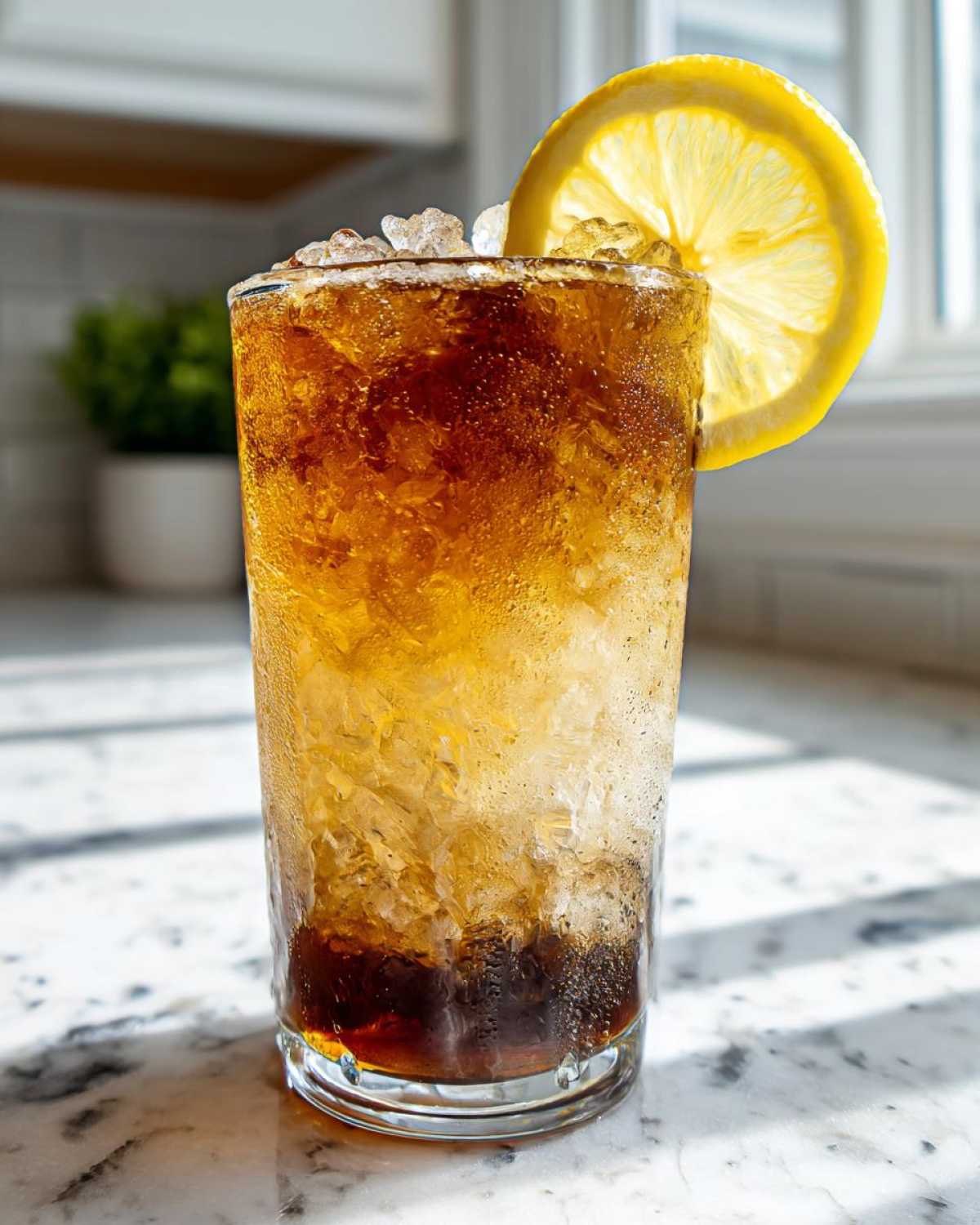 A tall glass filled with ice and layered Cold Brew Lemonade, garnished with a bright lemon slice.