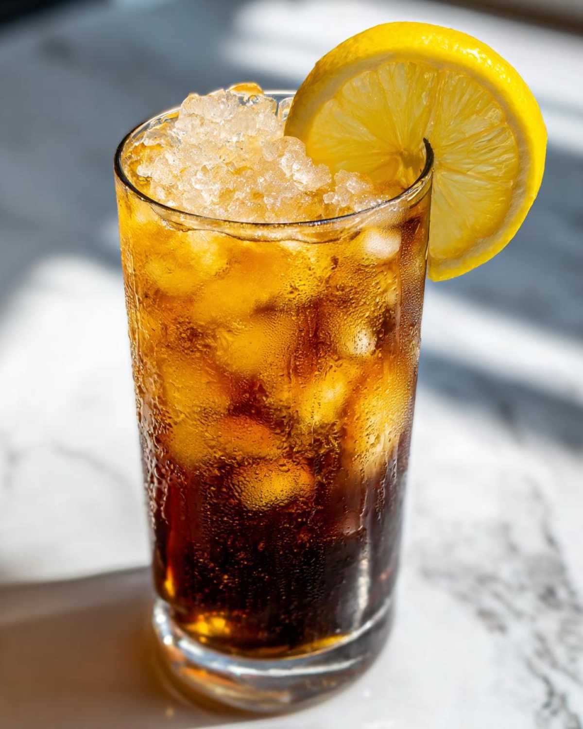 A tall glass filled with iced Cold Brew Lemonade, topped with crushed ice and a lemon slice garnish.