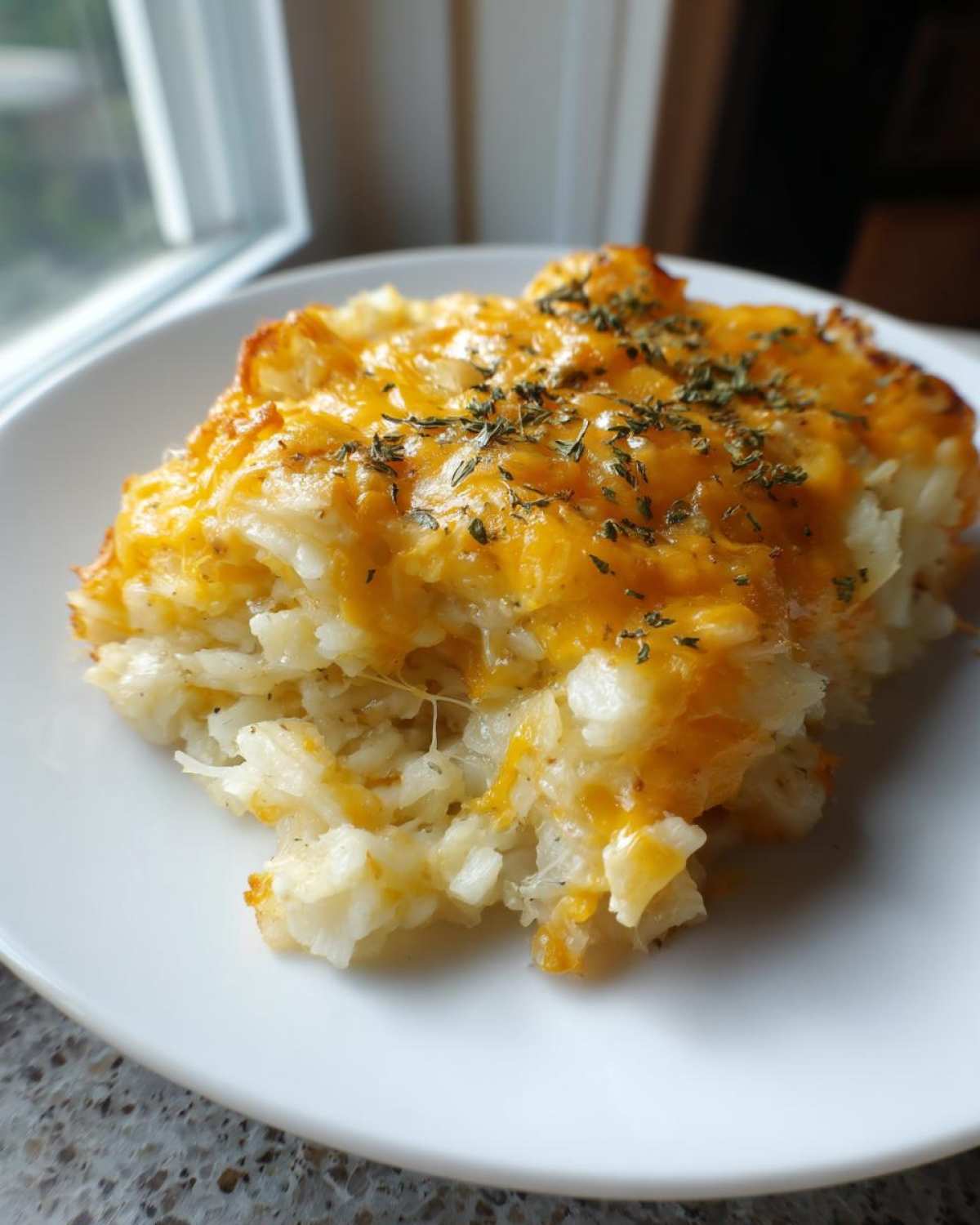 A close-up serving of Copycat Cracker Barrel Hashbrown Casserole topped with melted cheddar cheese and herbs.