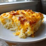 A close-up of a cheesy slice of Copycat Cracker Barrel Hashbrown Casserole on a white plate.