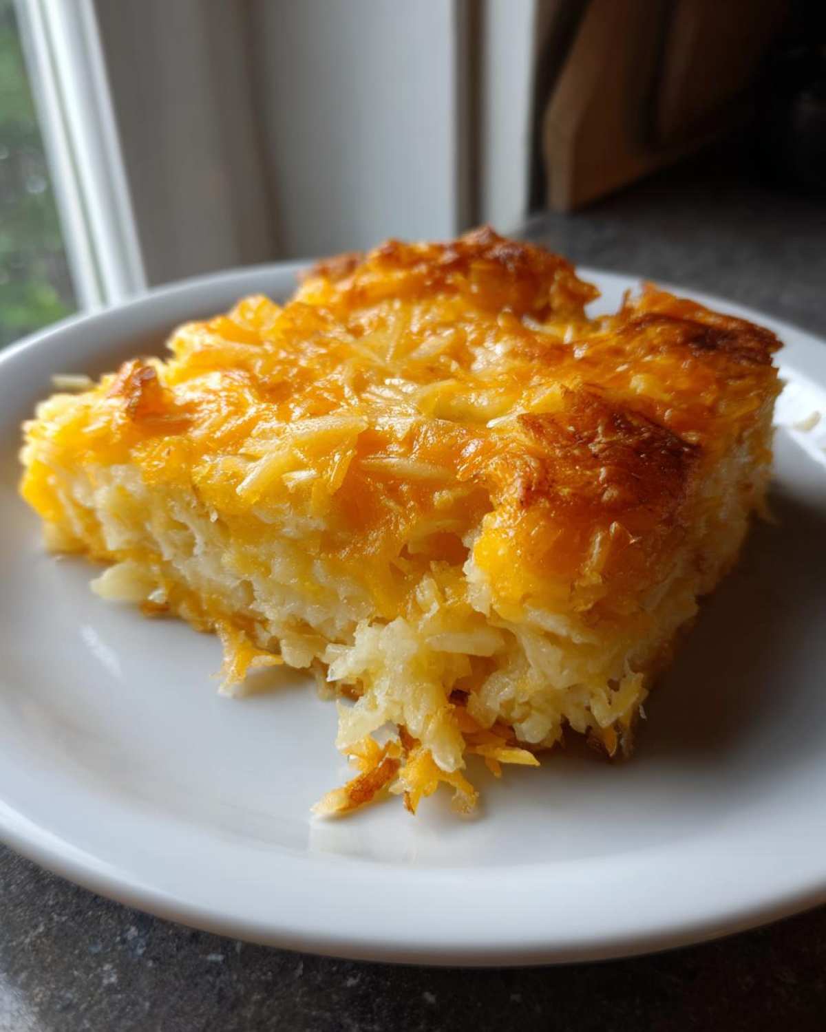 A square serving of cheesy, baked Copycat Cracker Barrel Hashbrown Casserole on a white plate.