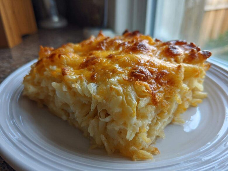 A square slice of golden-brown Copycat Cracker Barrel Hashbrown Casserole with melted, bubbly cheese on top.