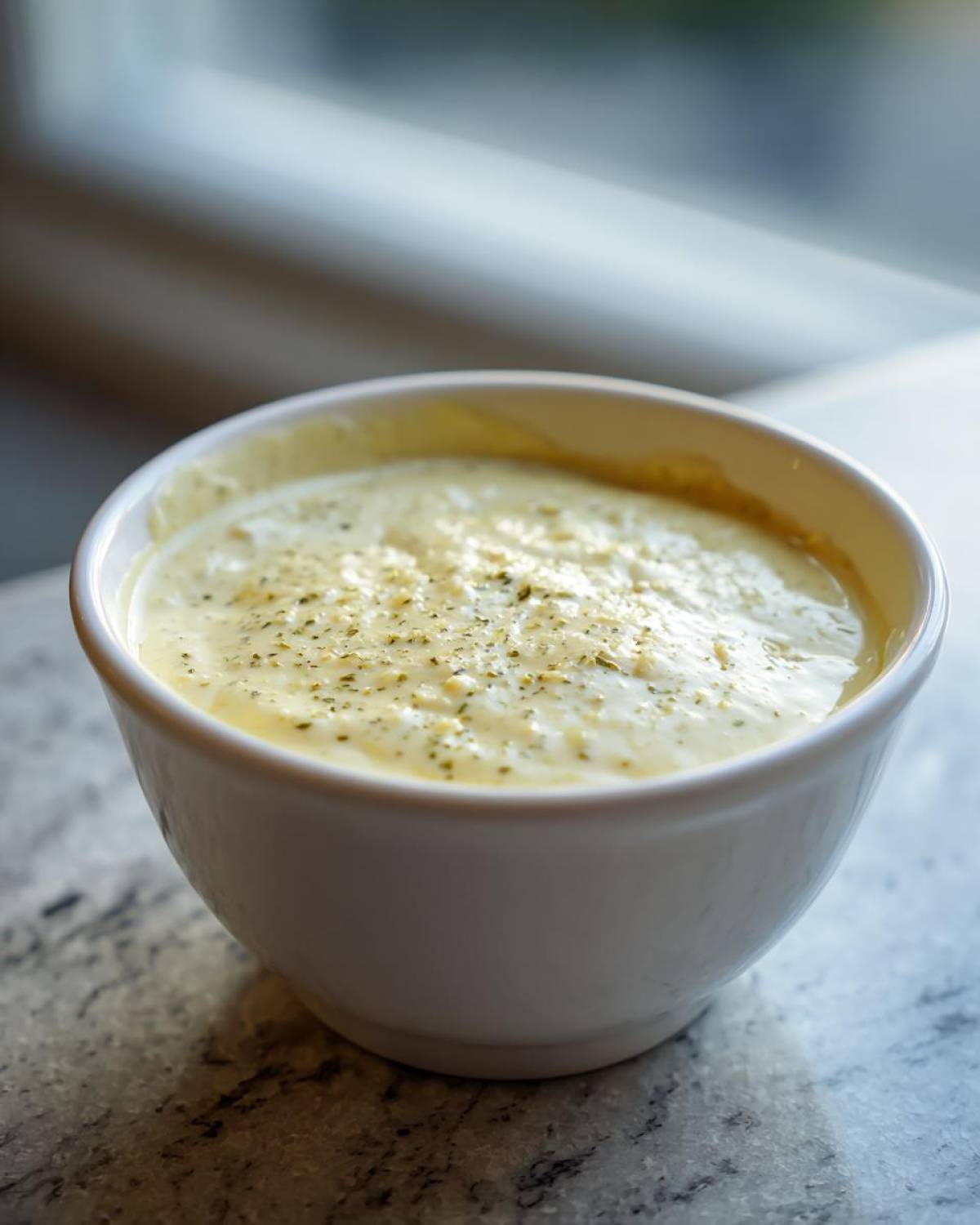 Close-up of creamy Copycat Olive Garden Salad Dressing topped with dried herbs in a white bowl.