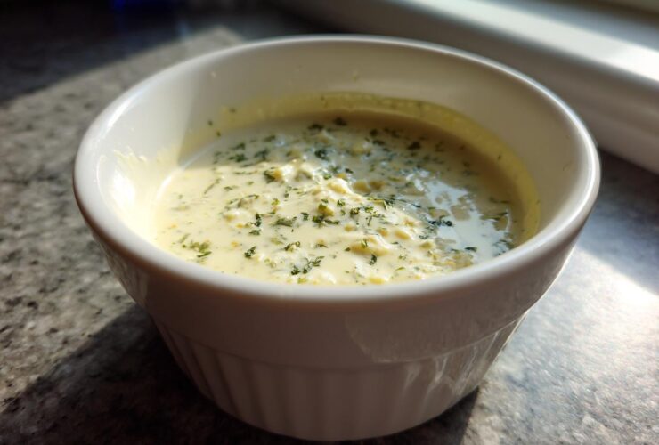 A white ramekin filled with creamy Copycat Olive Garden Salad Dressing, topped with green herbs.