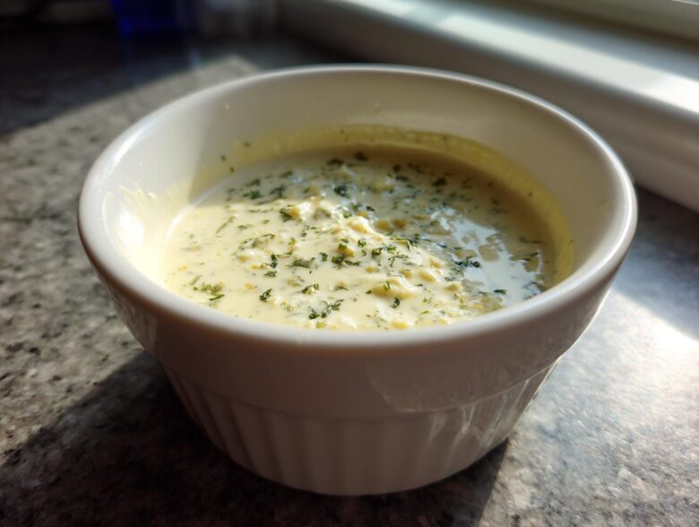 A white ramekin filled with creamy Copycat Olive Garden Salad Dressing, topped with green herbs.