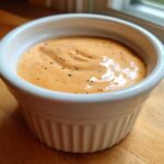 A close-up of creamy, orange-hued Copycat Raising Cane’s Sauce speckled with pepper in a white ramekin.
