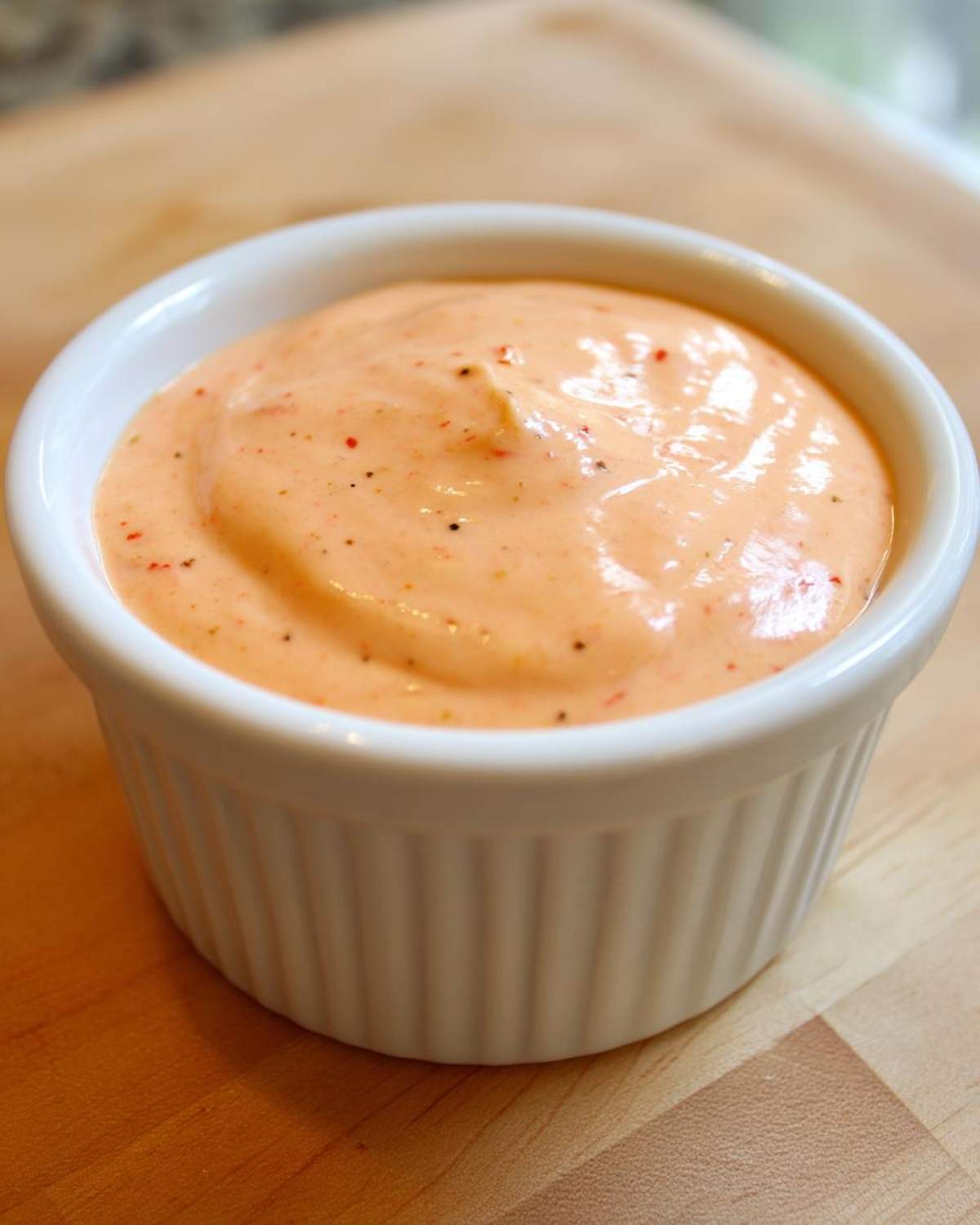 A close-up view of creamy, orange-hued Copycat Raising Cane’s Sauce speckled with spices in a white ramekin.