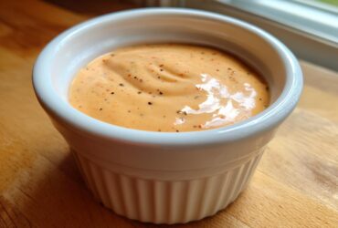 A close-up of creamy, orange-hued Copycat Raising Cane’s Sauce speckled with pepper in a white ramekin.