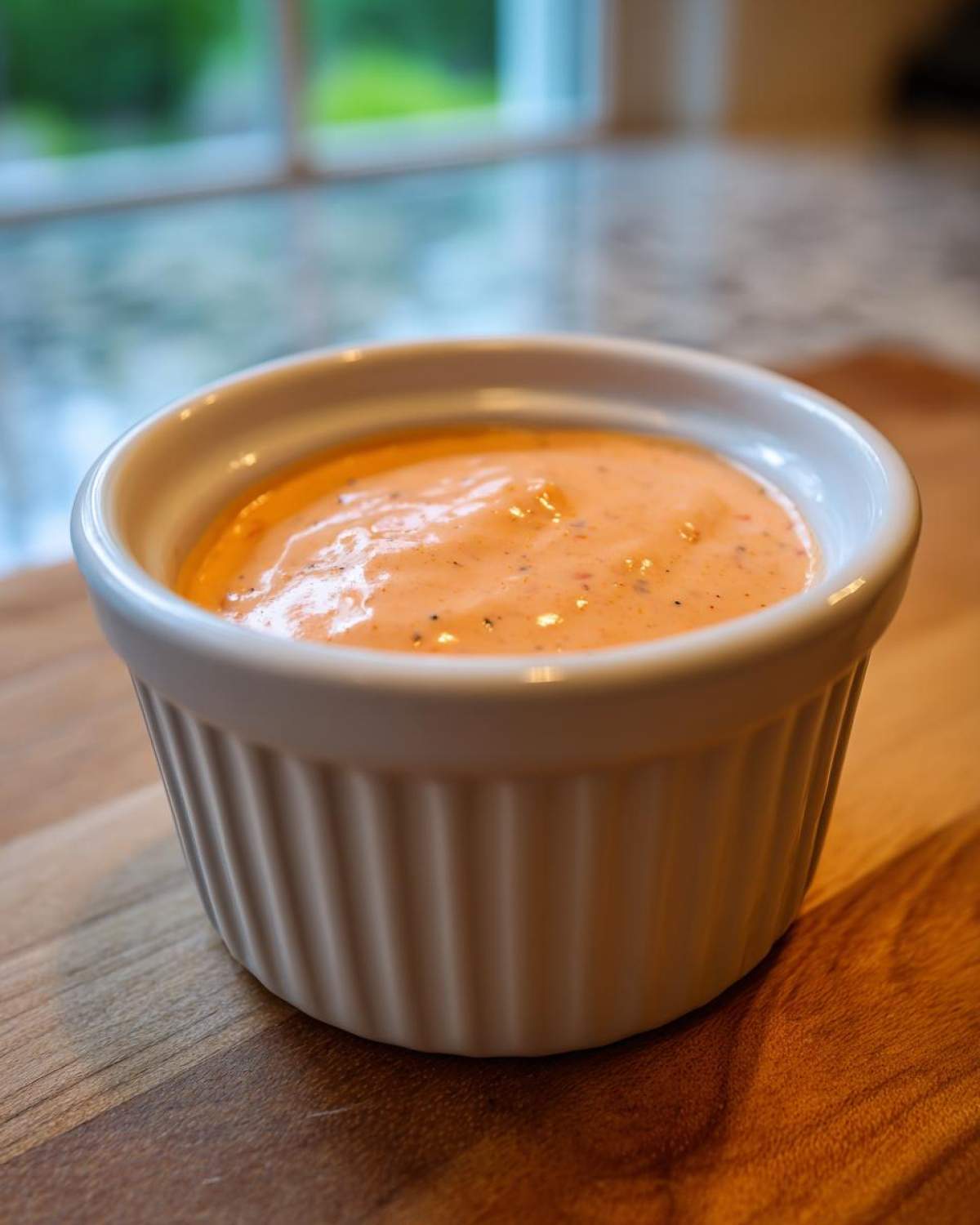 A small white ramekin filled with creamy, orange-pink Copycat Raising Cane’s Sauce, resting on a wooden surface.