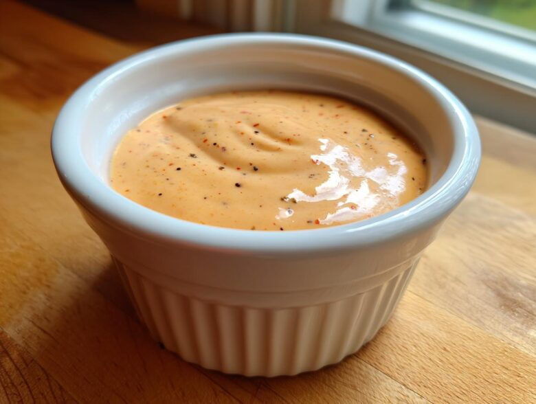 A close-up of creamy, orange-hued Copycat Raising Cane’s Sauce speckled with pepper in a white ramekin.