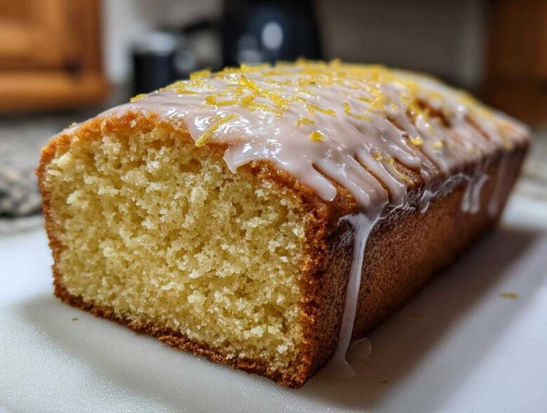 Close-up of a freshly baked Copycat Starbucks Iced Lemon Loaf with thick white glaze and lemon zest.