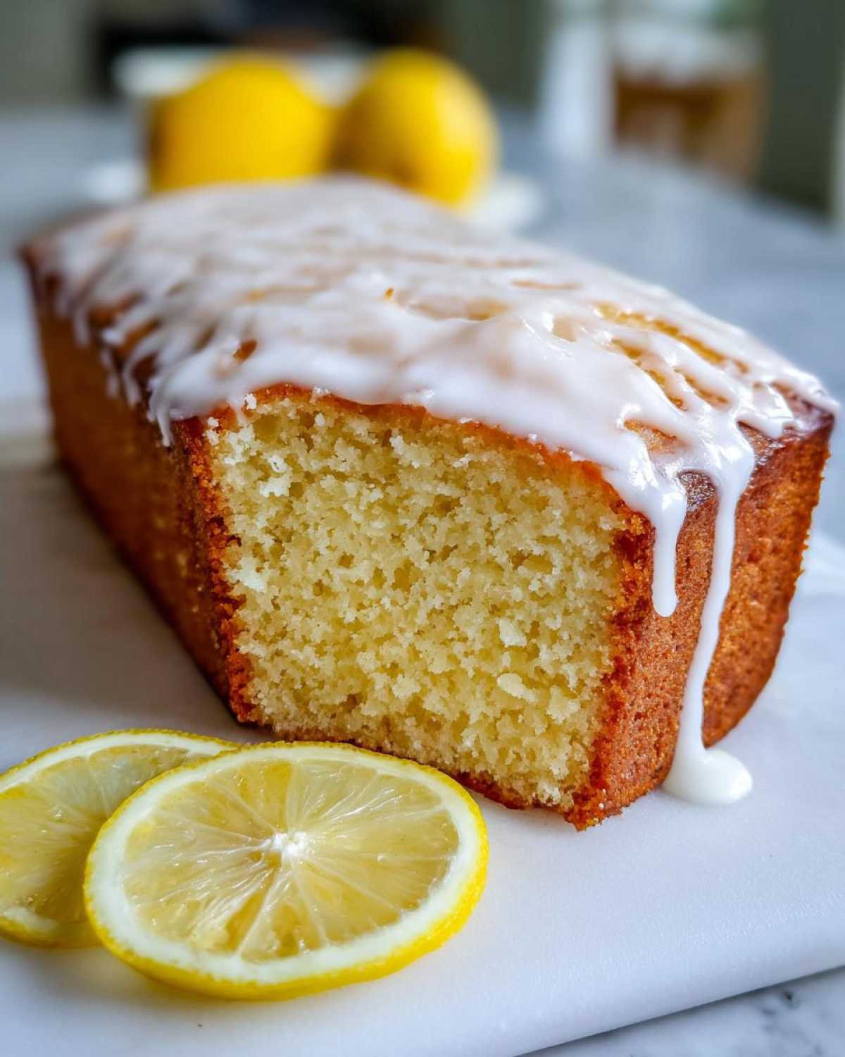 A moist slice of Copycat Starbucks Iced Lemon Loaf drizzled with thick white icing, garnished with lemon slices.