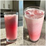 Two images showing a tall glass filled with a frothy, bright pink beverage, the Copycat Starbucks Pink Drink, over ice.