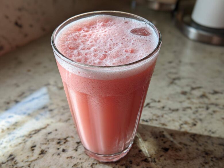 Close-up of a tall glass filled with the bright pink liquid of a Copycat Starbucks Pink Drink, showing foam on top.