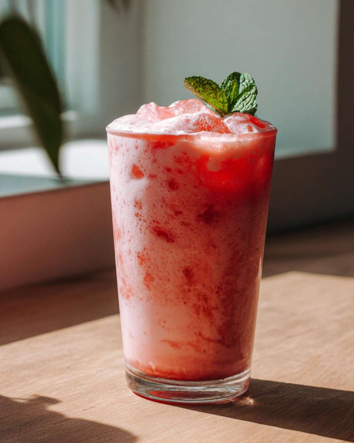 A tall glass filled with the frothy pink liquid of a Copycat Starbucks Pink Drink, topped with ice and a mint sprig.
