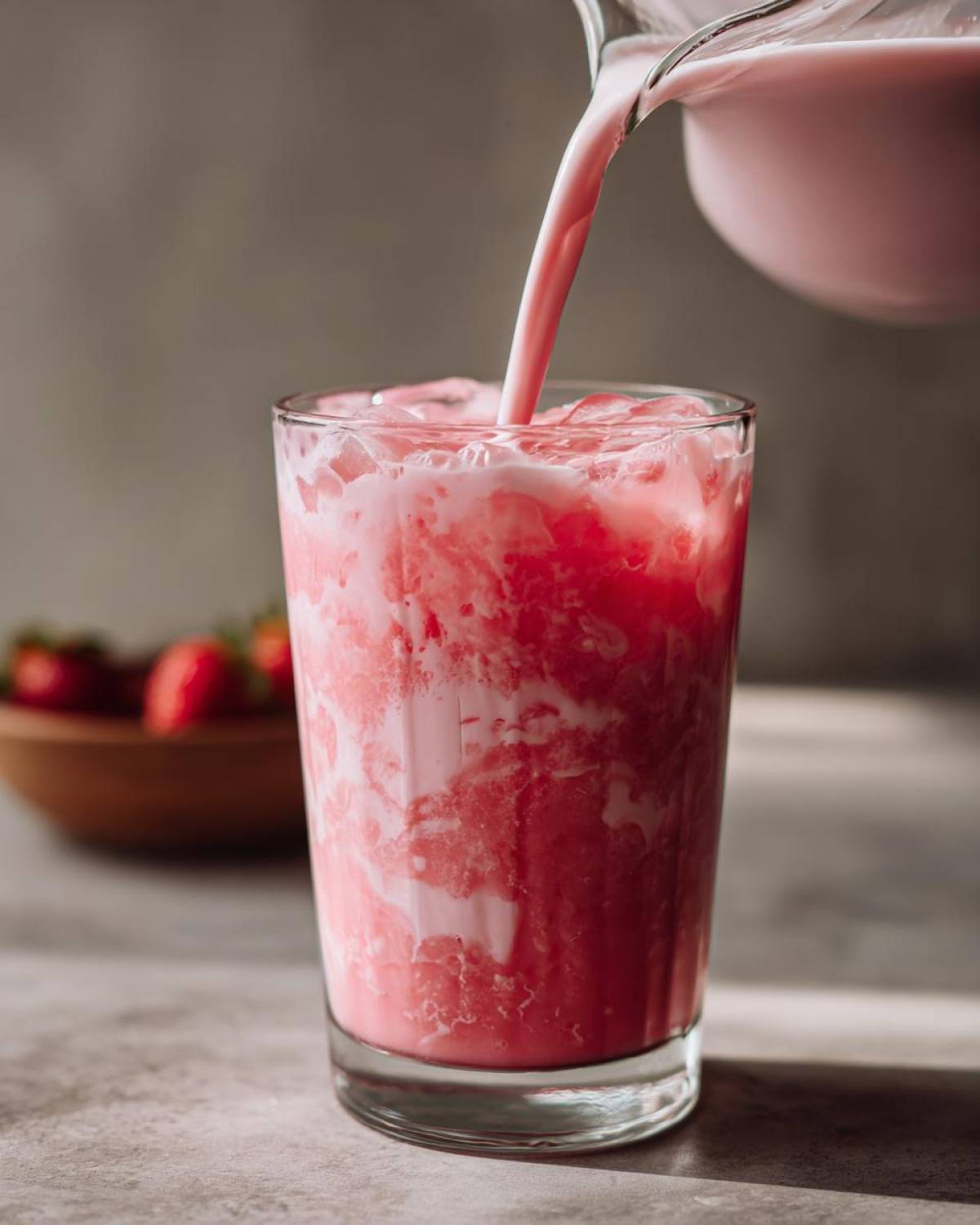 Milk being poured into a glass of ice and strawberry puree to make a Copycat Starbucks Pink Drink.