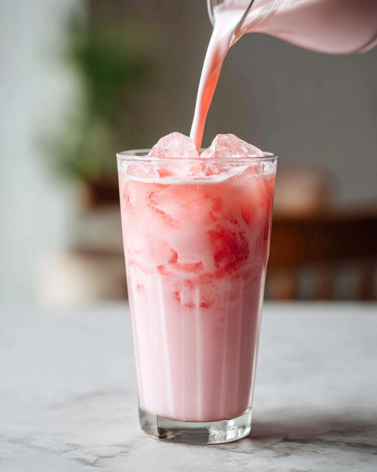 A creamy pink liquid is being poured over ice into a tall glass to make a Copycat Starbucks Pink Drink.