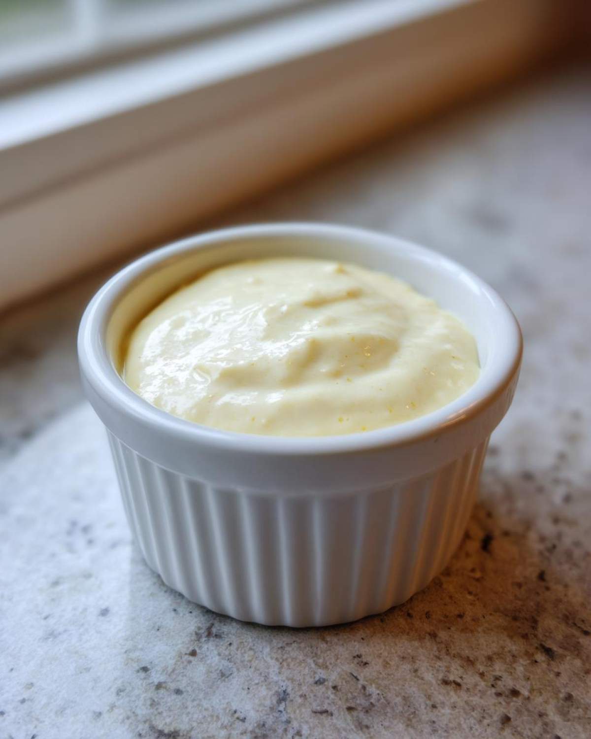 A small white ramekin filled with creamy, pale yellow Copycat Taco Bell Chicken Quesadilla Sauce.