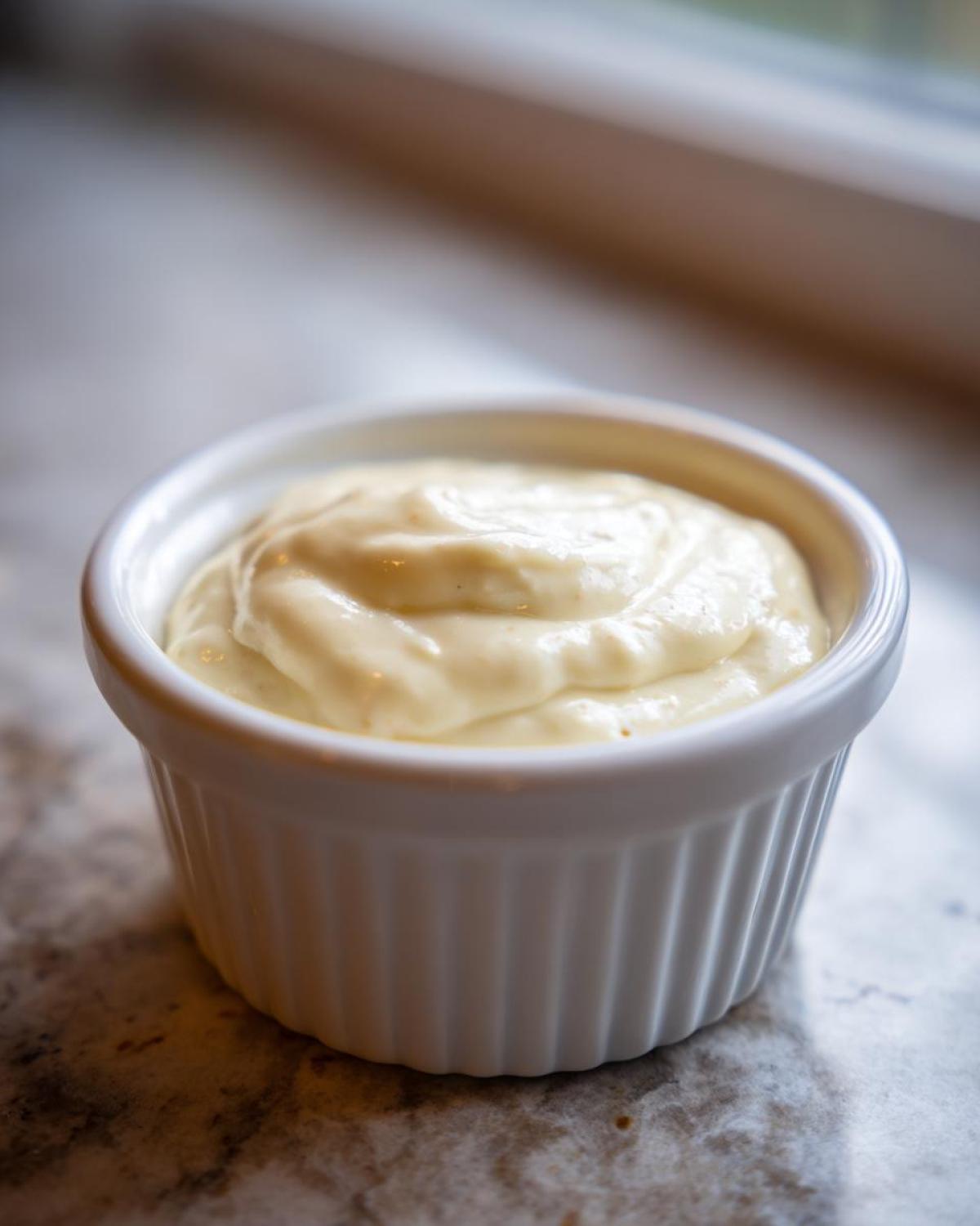 A close-up of thick, creamy Copycat Taco Bell Chicken Quesadilla Sauce served in a small white fluted ramekin.