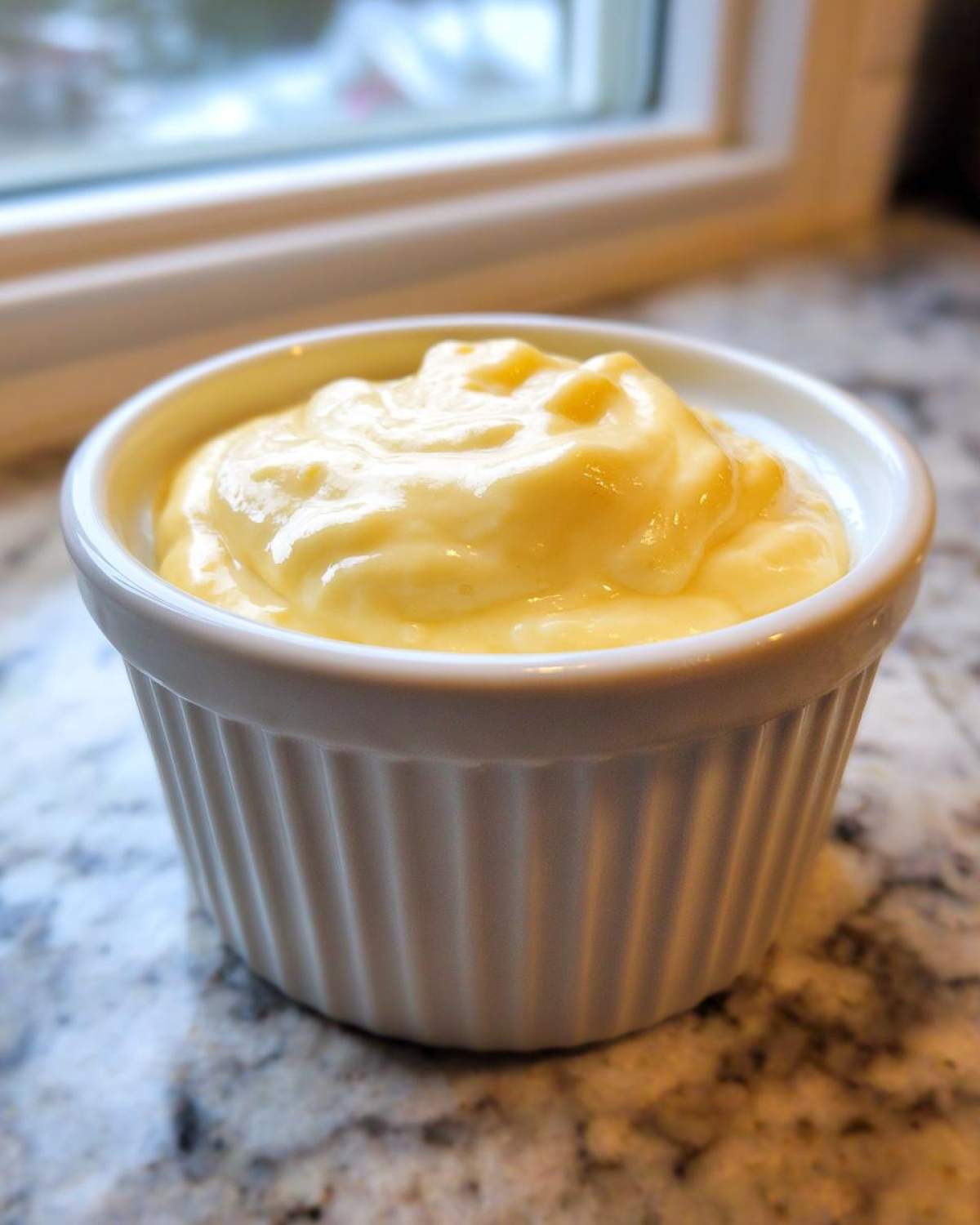 A small white ramekin filled with thick, creamy, yellow Copycat Taco Bell Chicken Quesadilla Sauce.