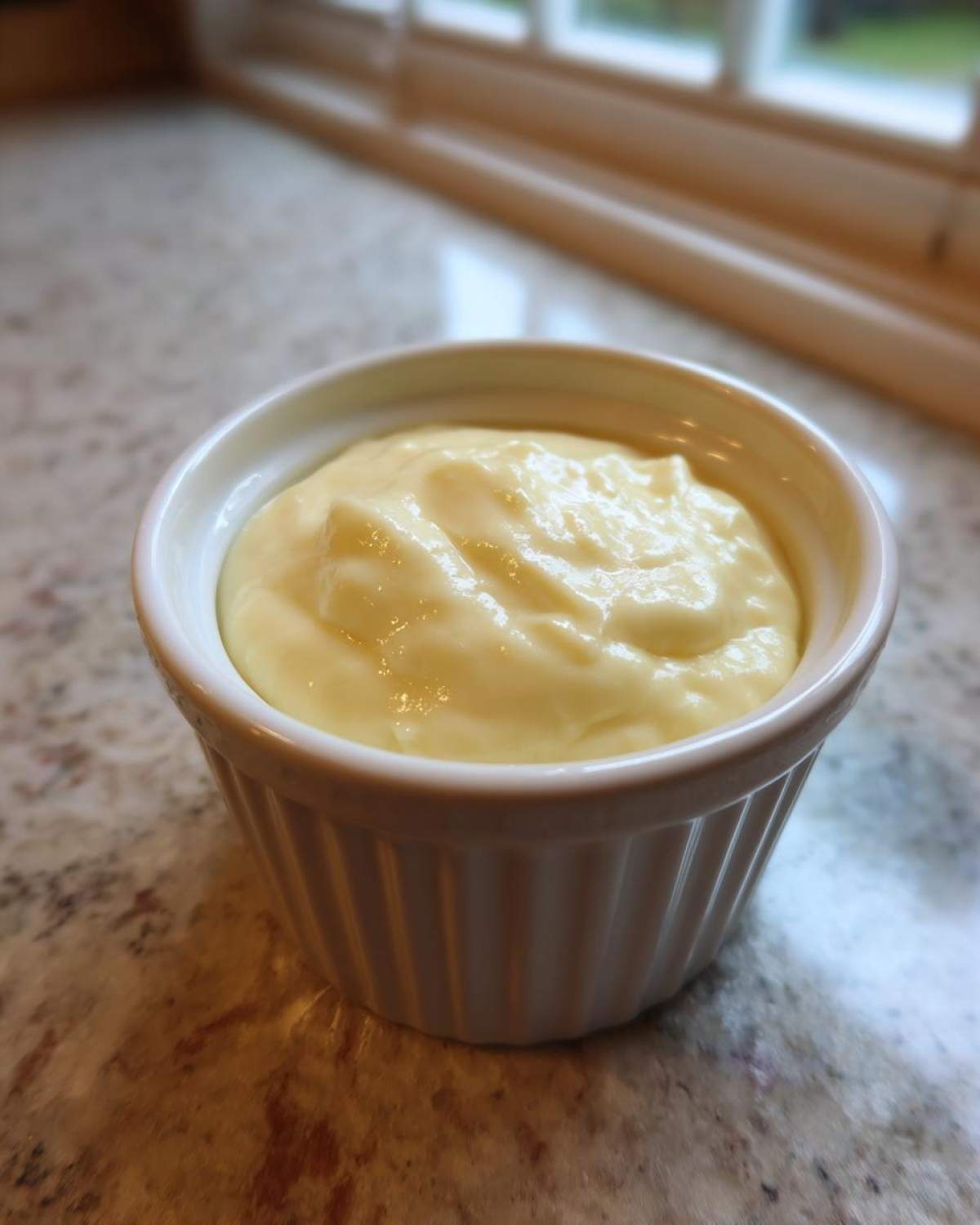 A small white ramekin filled with creamy, yellow Copycat Taco Bell Chicken Quesadilla Sauce.