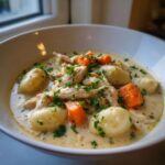 A close-up of a bowl of Creamy Chicken Gnocchi Soup, featuring shredded chicken, soft gnocchi, and bright orange carrots.