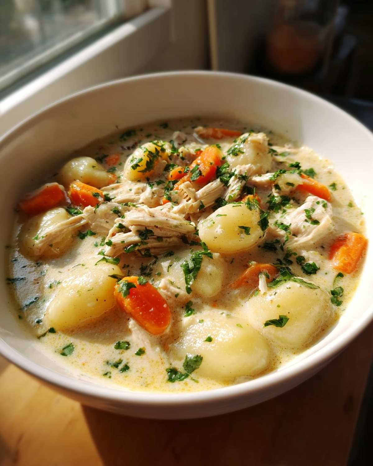 A close-up of a white bowl filled with Creamy Chicken Gnocchi Soup, featuring soft gnocchi, shredded chicken, carrots, and parsley.