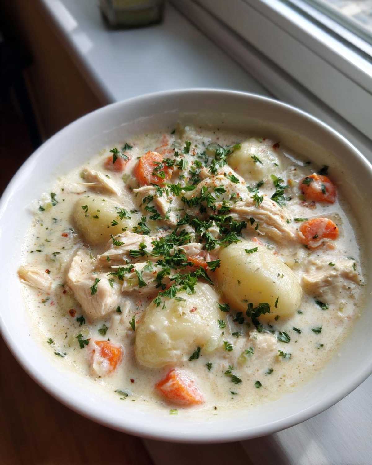 Close-up of a white bowl filled with Creamy Chicken Gnocchi Soup, topped with fresh parsley.