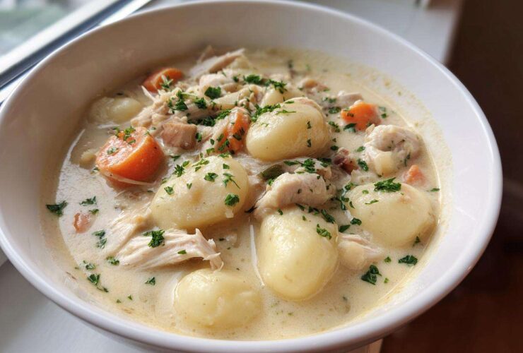 A close-up of a white bowl filled with rich Creamy Chicken Gnocchi Soup, featuring large gnocchi, shredded chicken, carrots, and parsley.