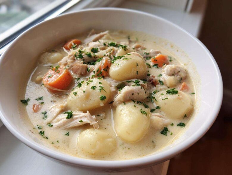 A close-up of a white bowl filled with rich Creamy Chicken Gnocchi Soup, featuring large gnocchi, shredded chicken, carrots, and parsley.