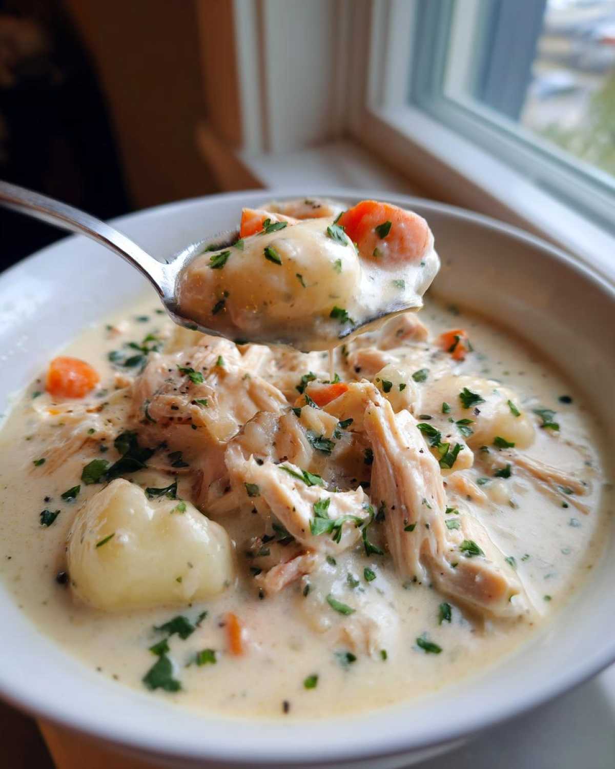 A spoonful of creamy chicken gnocchi soup lifted from a bowl, showing tender chicken, carrots, and gnocchi.