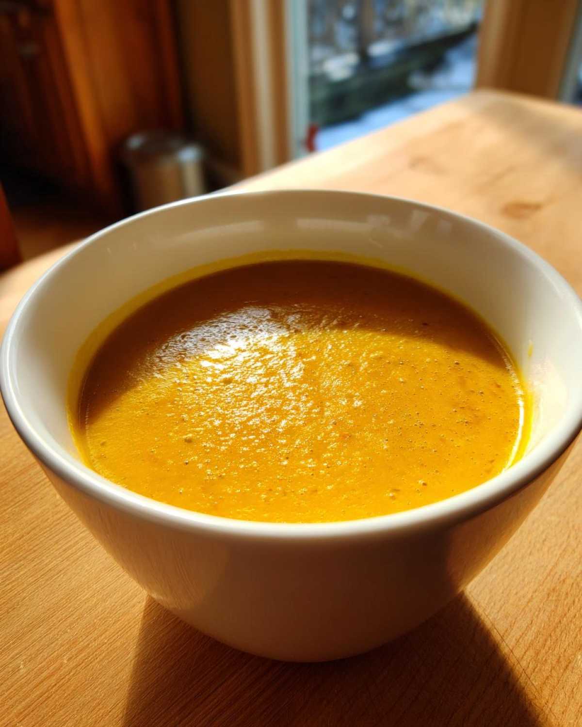 Close-up of a white bowl filled with bright orange Creamy Coconut Lentil Soup, sitting on a wooden surface.