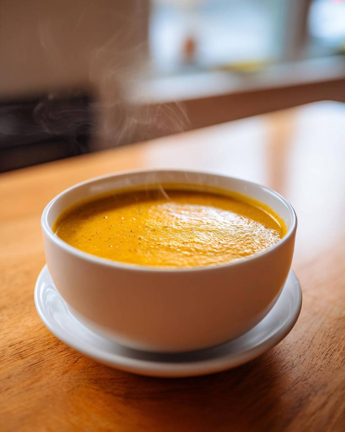 A close-up of a steaming white bowl filled with vibrant orange Creamy Coconut Lentil Soup on a wooden table.