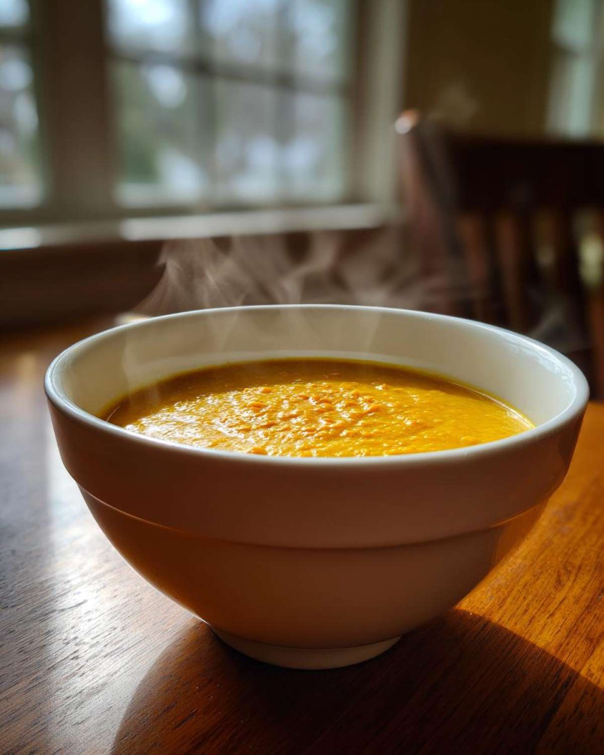 A steaming white bowl filled with bright orange Creamy Coconut Lentil Soup sitting on a dark wooden table near a window.