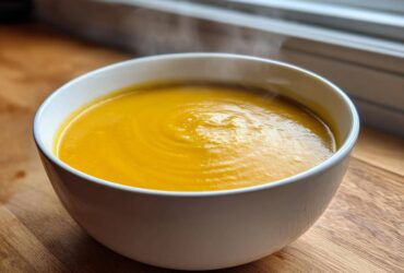 A close-up of a steaming white bowl filled with bright orange Creamy Coconut Lentil Soup, resting on a wooden surface.