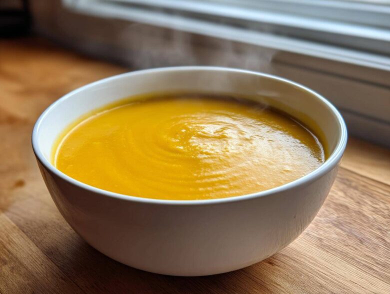 A close-up of a steaming white bowl filled with bright orange Creamy Coconut Lentil Soup, resting on a wooden surface.