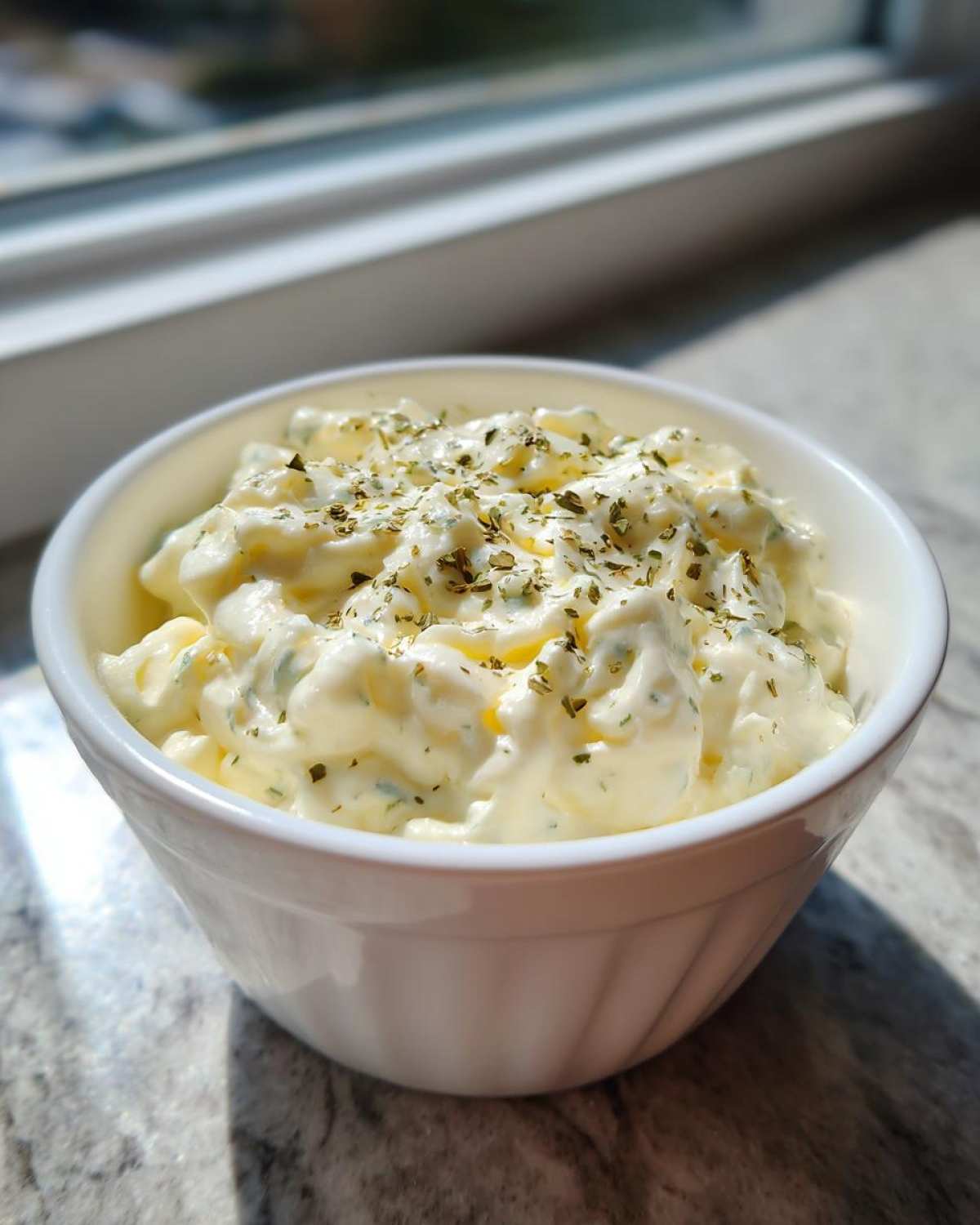 A small white bowl filled with creamy Copycat Olive Garden Salad Dressing, topped with dried herbs.