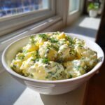 A white bowl filled with Creamy Dill Potato Salad, topped generously with fresh green dill, sitting by a bright window.