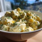 A close-up of a white bowl filled with Creamy Dill Potato Salad, generously topped with fresh dill fronds.