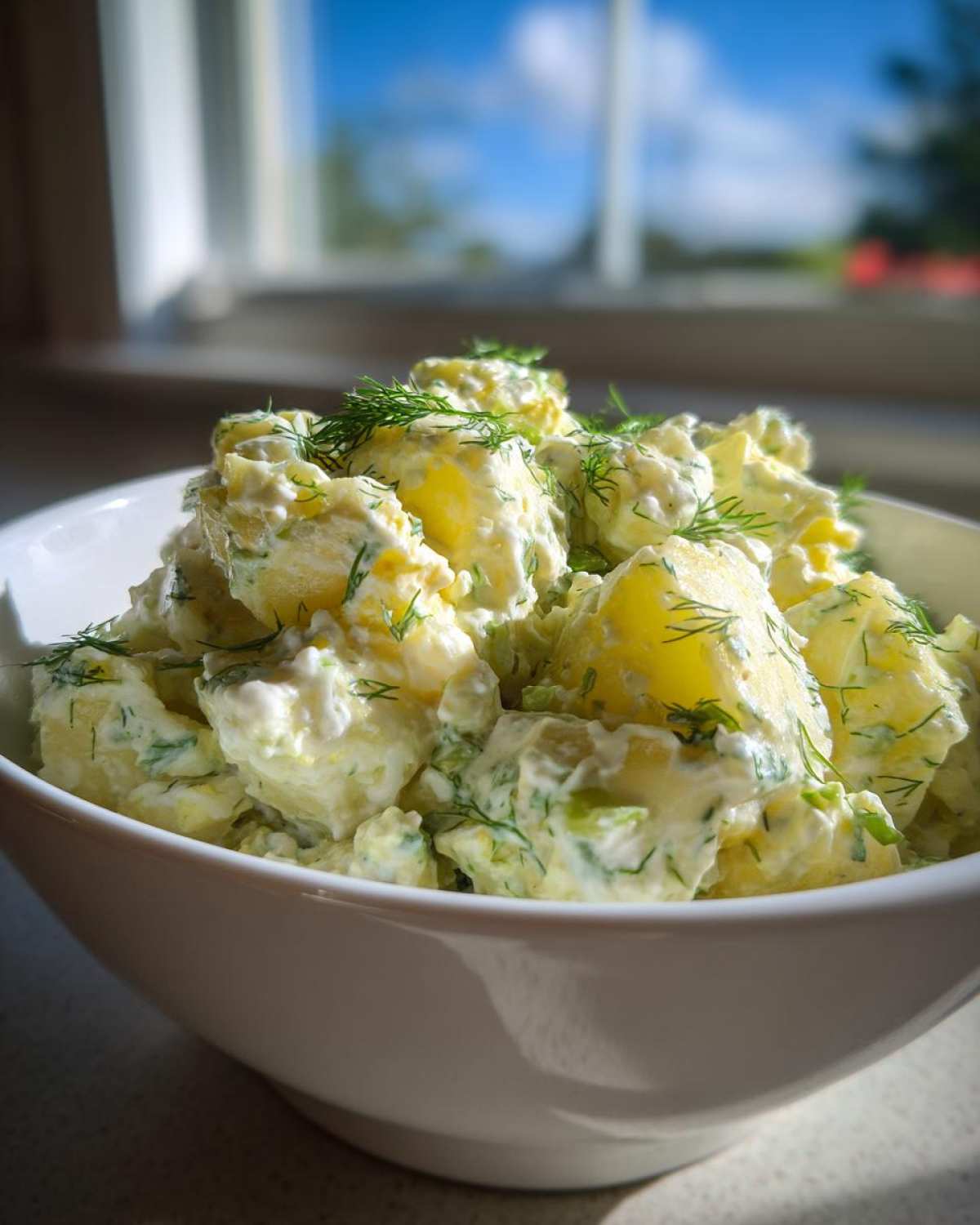 Close-up of a white bowl filled with Creamy Dill Potato Salad, topped with fresh dill sprigs.